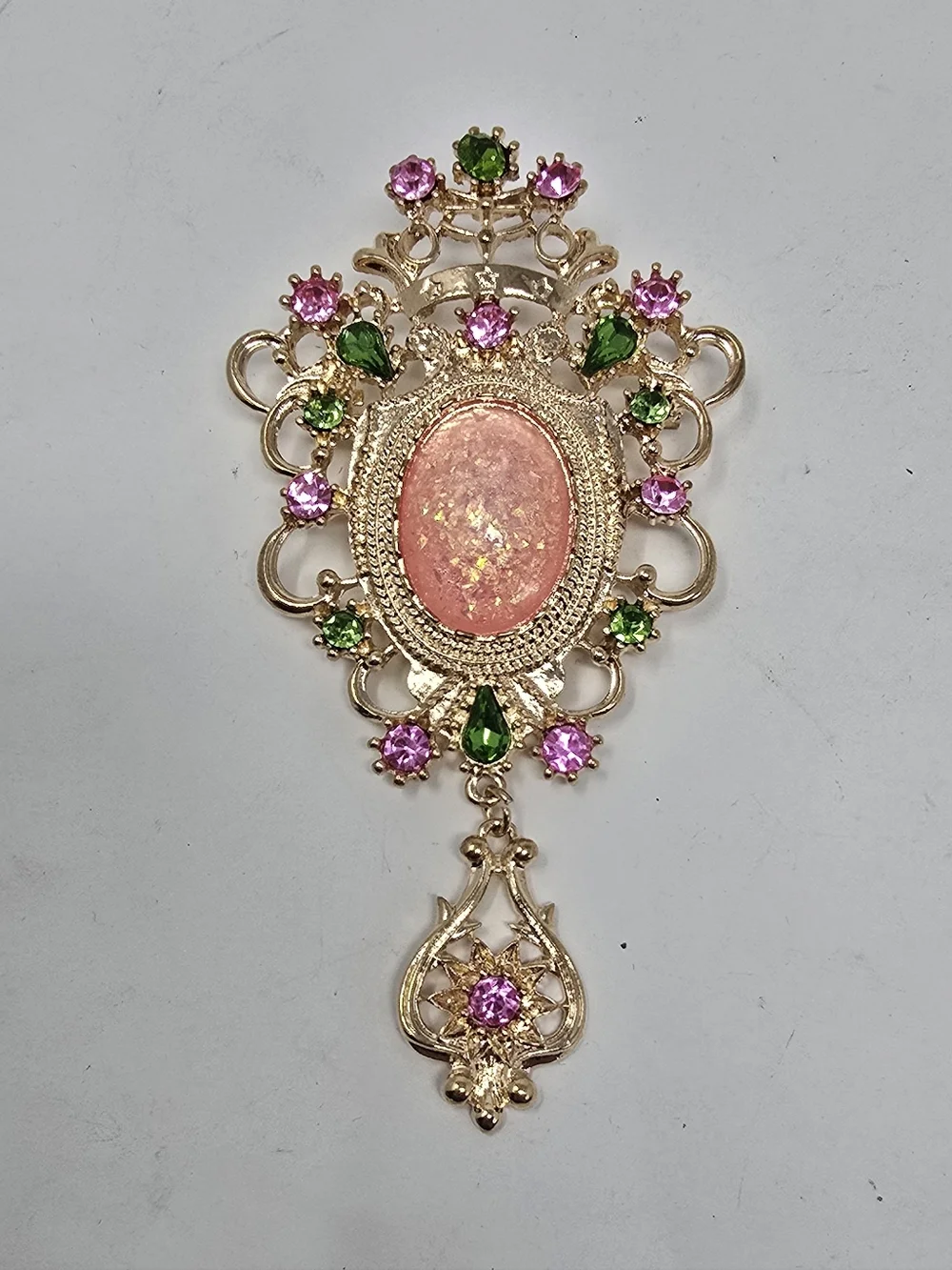 Vtg pink‎ green rhinestone resin cabochon brooch granny chic cottagecore